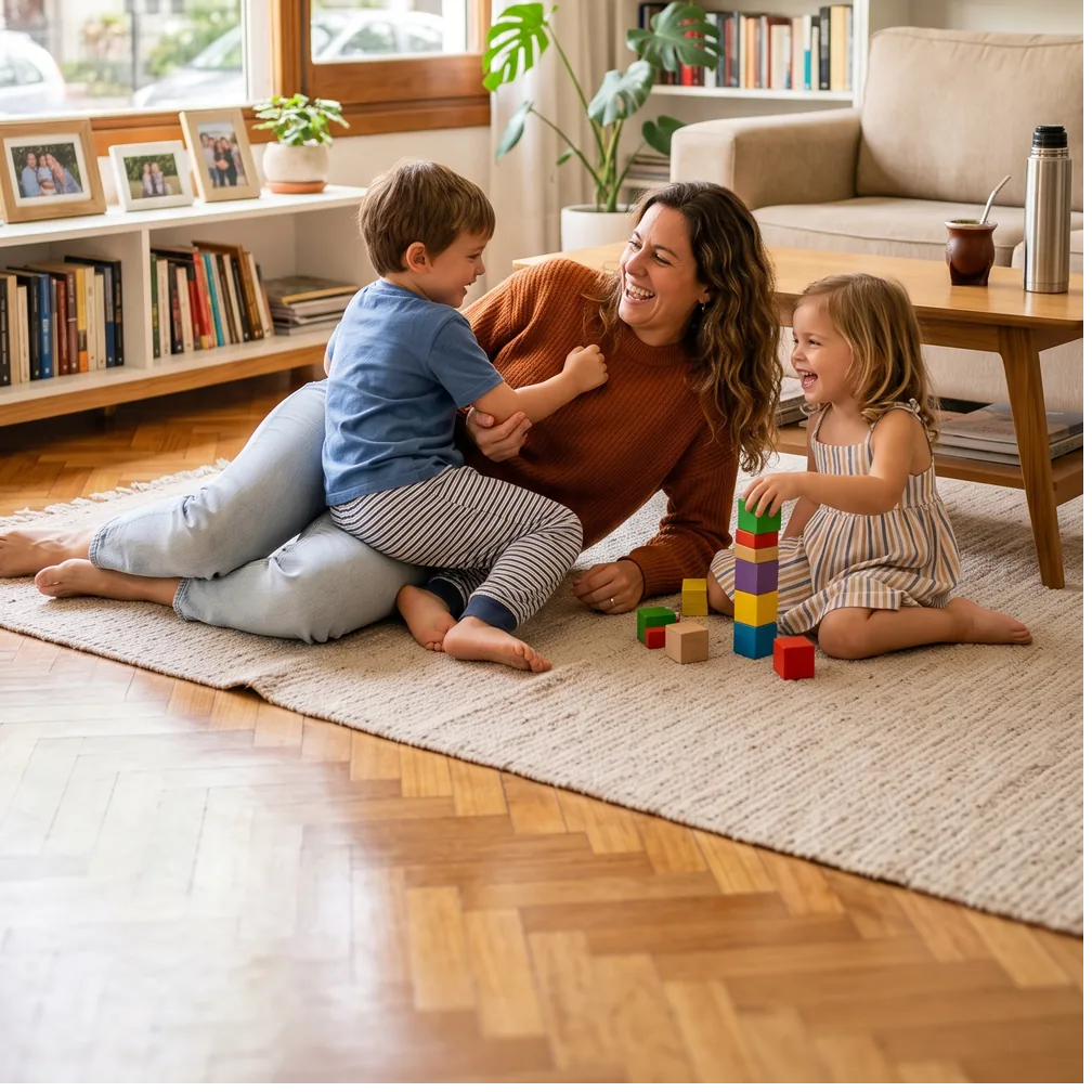 Niñera jugando con dos niños en el living
