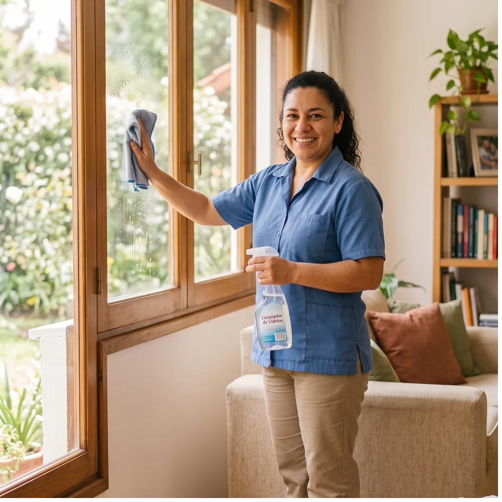 Empleada doméstica limpiando los vidrios de una casa